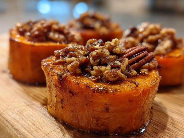 Close-up of glazed Sweet Potato Rounds with Pecans topping resting on a wooden cutting board.