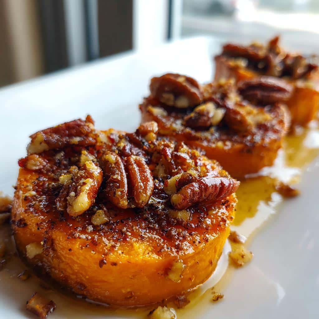 Three glistening Sweet Potato Rounds with Pecans, drizzled with syrup, served on a white plate.