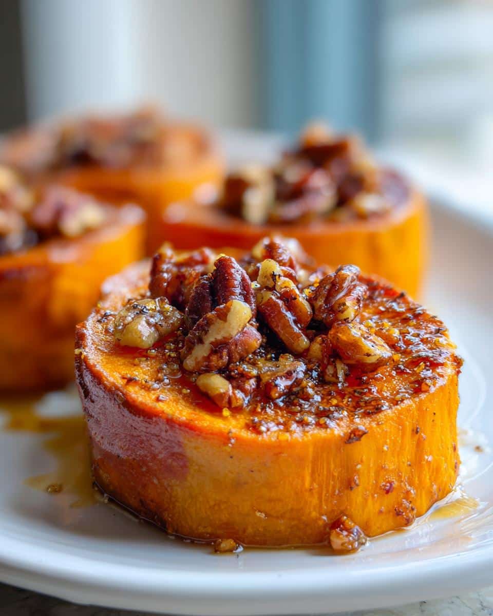 Close-up of a thick, glazed Sweet Potato Rounds with Pecans, drizzled with syrup.