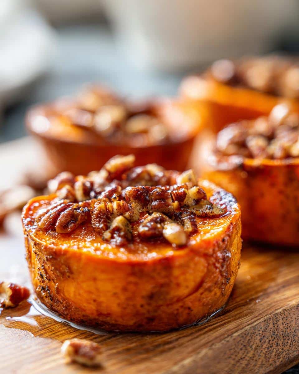 Close-up of a caramelized Sweet Potato Rounds with Pecans, glistening with glaze on a wooden board.
