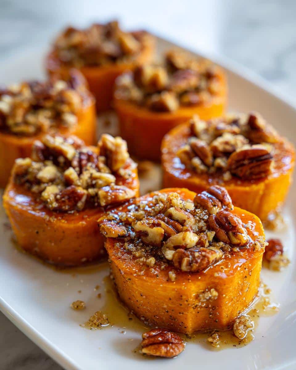 Close-up of glazed Sweet Potato Rounds with Pecans, drizzled with syrup on a white plate.