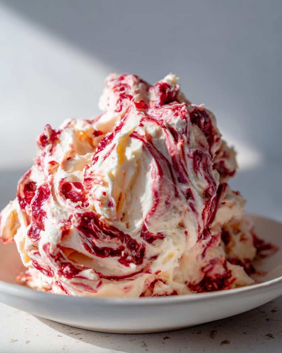 Close-up of a creamy, white Cranberry Orange Holiday Dip swirled with vibrant red cranberry sauce in a white bowl.