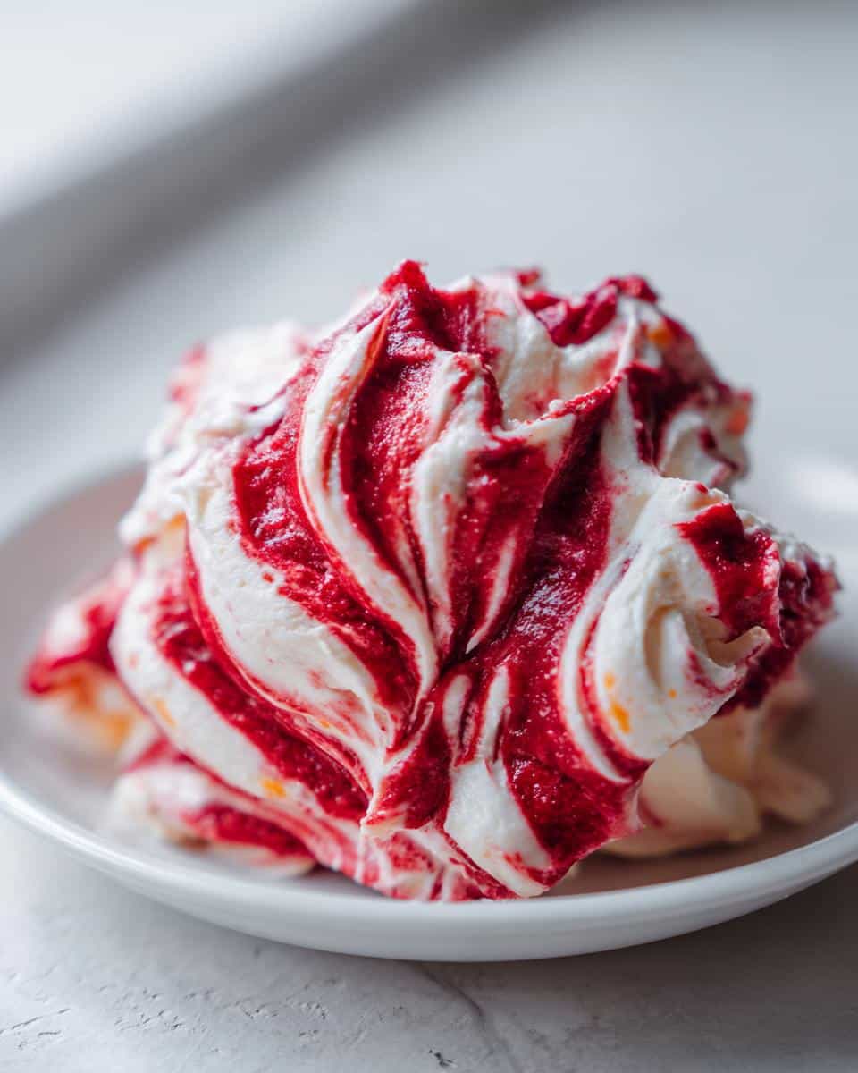 Close-up of a dollop of creamy white dip swirled dramatically with bright red cranberry mixture for Cranberry Orange Holiday Dip.