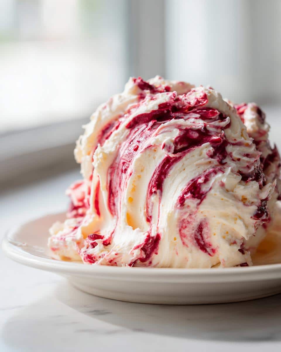 Close-up of creamy white dip swirled dramatically with bright red cranberry sauce, resembling the Cranberry Orange Holiday Dip.