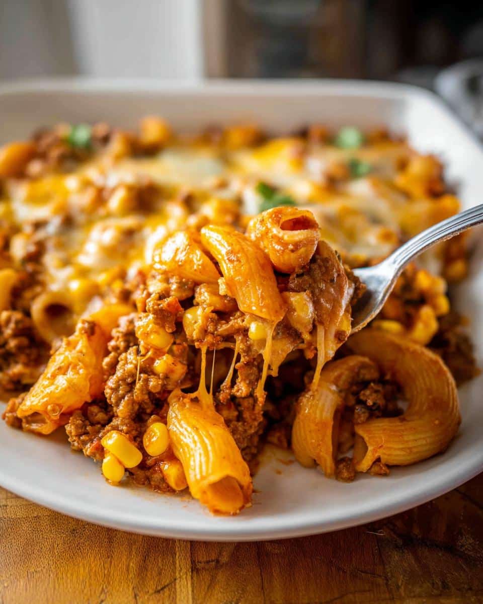 A fork lifts a cheesy, saucy scoop of Taco Ground Beef Casserole featuring pasta and corn.