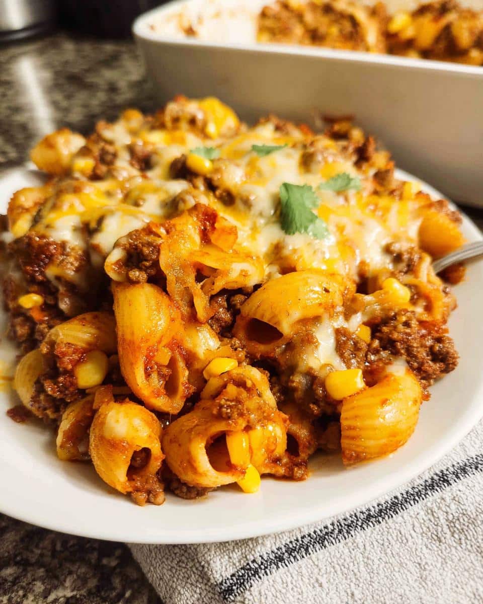 A close-up of a serving of Taco Ground Beef Casserole featuring pasta shells, seasoned ground beef, corn, and melted cheddar cheese.
