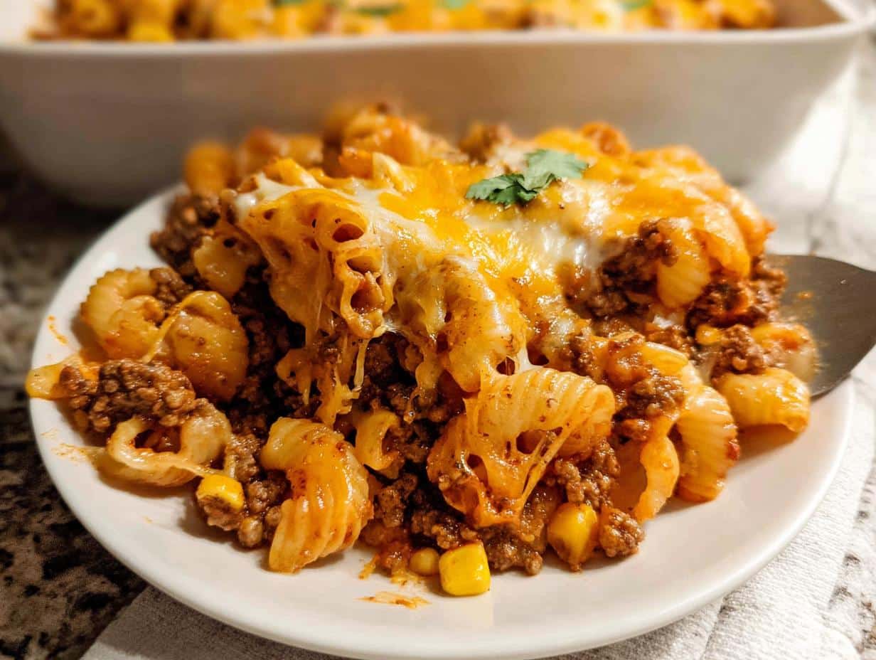 A serving of cheesy Taco Ground Beef Casserole featuring pasta, seasoned ground beef, and corn, topped with melted cheddar.