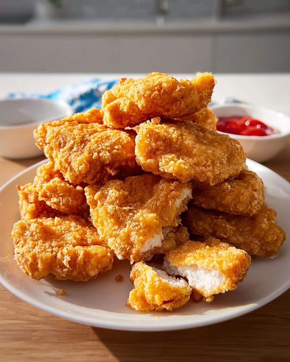 A pile of golden brown, crispy The Best Ever Chicken Nuggets on a white plate, one broken open showing the white meat inside.