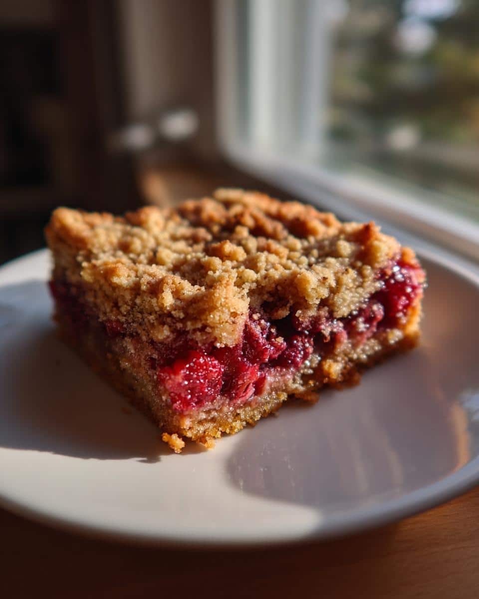 A square slice of Thermomix Berry Crumble Cake showing a thick layer of bright red berries and a golden crumble topping.