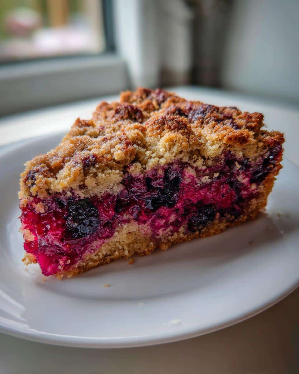 A close-up slice of Thermomix Berry Crumble Cake showing a thick layer of juicy berries and a golden crumb topping.
