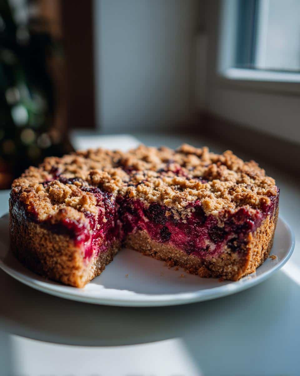 A round Thermomix Berry Crumble Cake with a slice cut out, showing the rich berry filling and crumb topping.