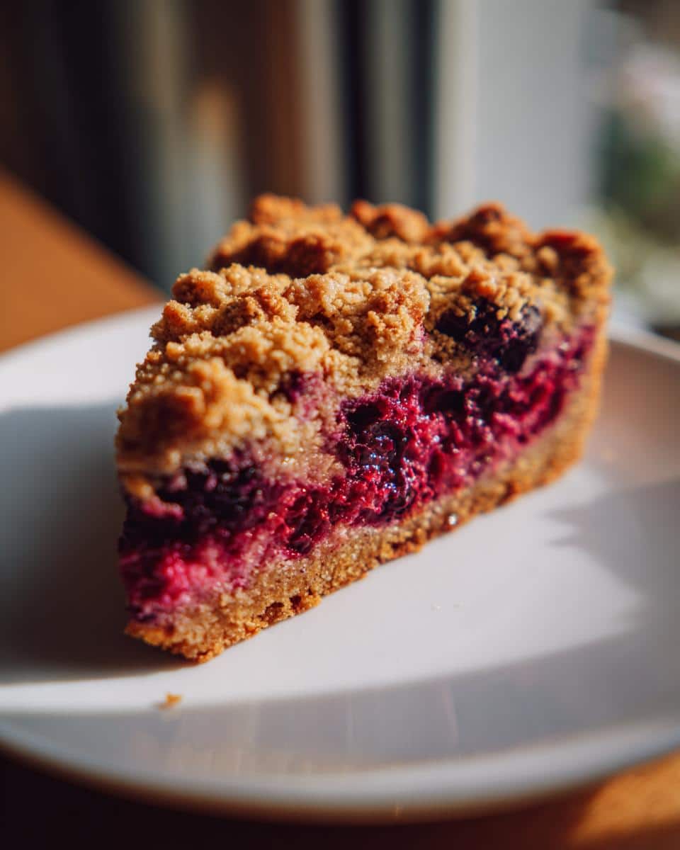 A close-up slice of Thermomix Berry Crumble Cake showing a thick layer of bright red berries and a crumbly topping.