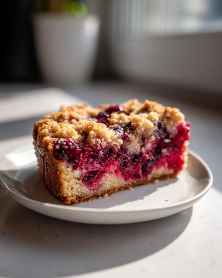 Close-up of a moist slice of Thermomix Berry Crumble Cake with bright red berries and a crumbly topping.