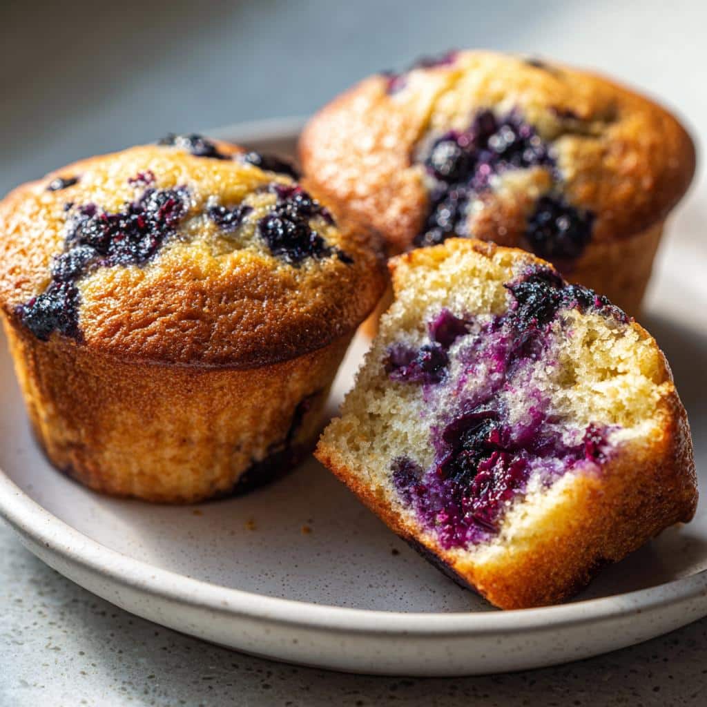 Three golden-brown Thermomix Blueberry Muffins on a plate, one broken open showing the moist interior and burst blueberries.