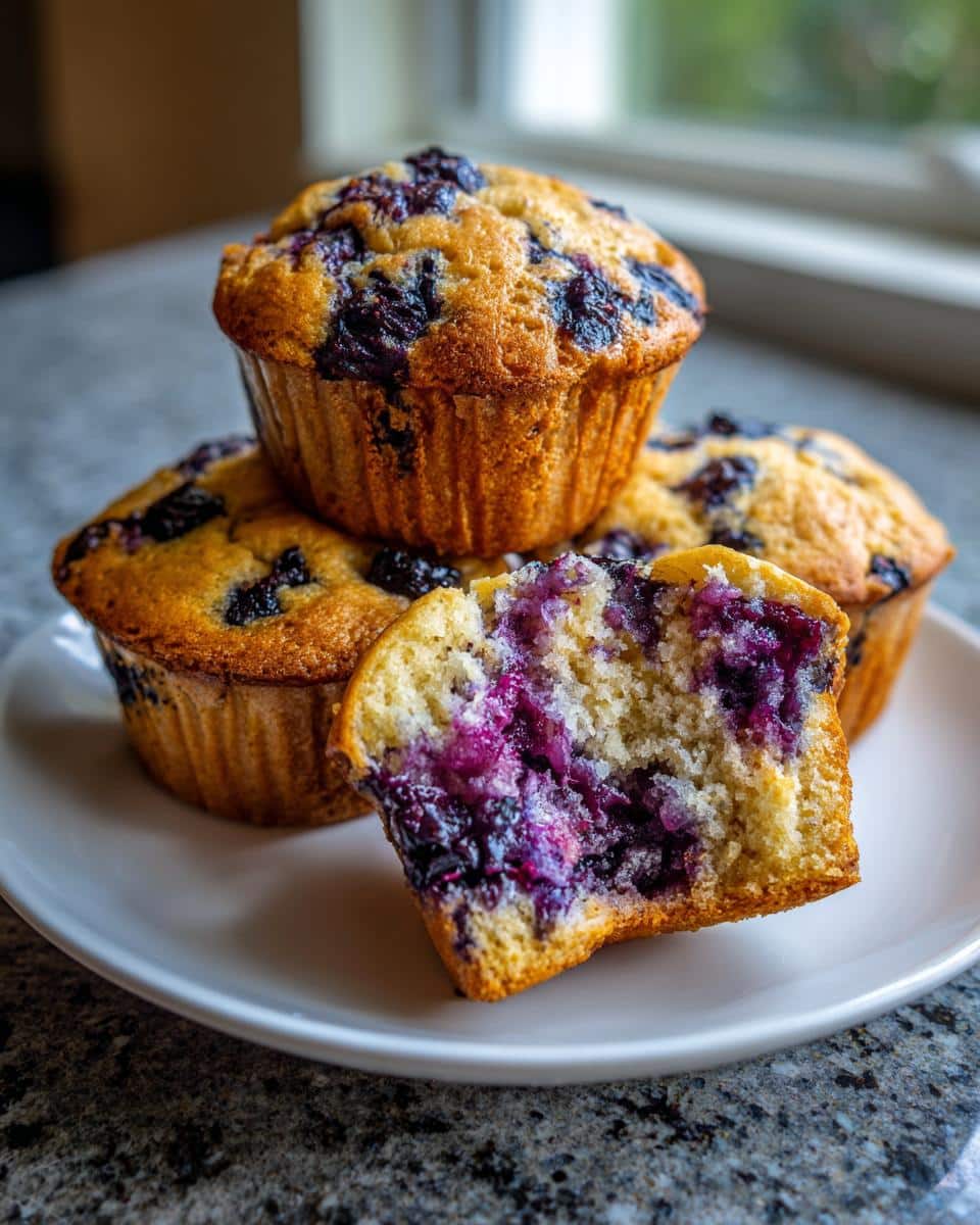 Close-up of Thermomix Blueberry Muffins, one broken open showing a moist interior packed with melted blueberries.