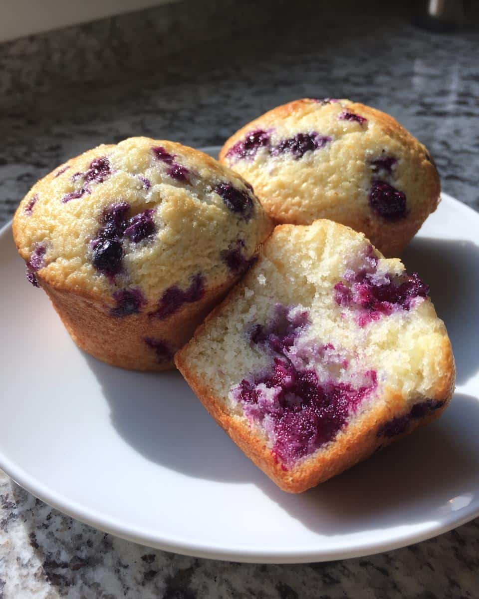 Three golden Thermomix Blueberry Muffins on a white plate, one cut open to show the moist, berry-filled interior.