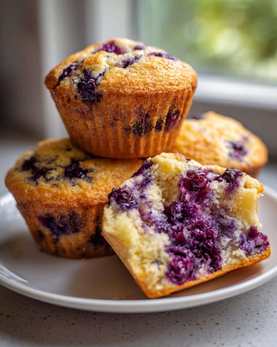 Close-up of Thermomix Blueberry Muffins, showing one cut open to reveal a moist crumb packed with purple blueberries.
