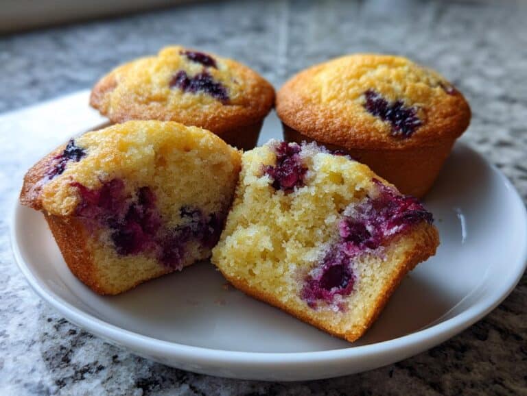 Close-up of moist Thermomix Blueberry Muffins, with one muffin cut in half showing the bright purple blueberry interior.