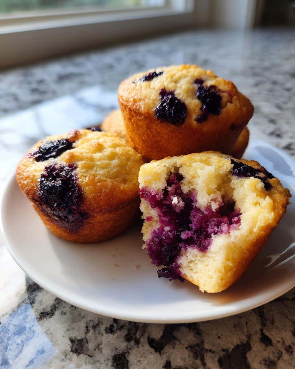 Three golden Thermomix Blueberry Muffins on a white plate, one split open showing moist interior and bursting blueberries.