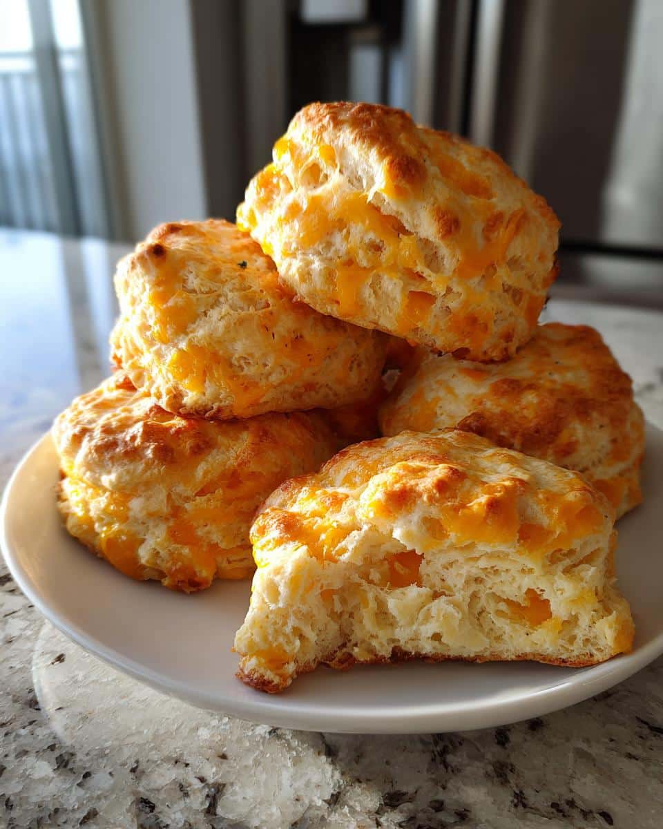 A stack of golden brown Thermomix Cheesy Scones, showing a fluffy interior packed with melted cheddar cheese.