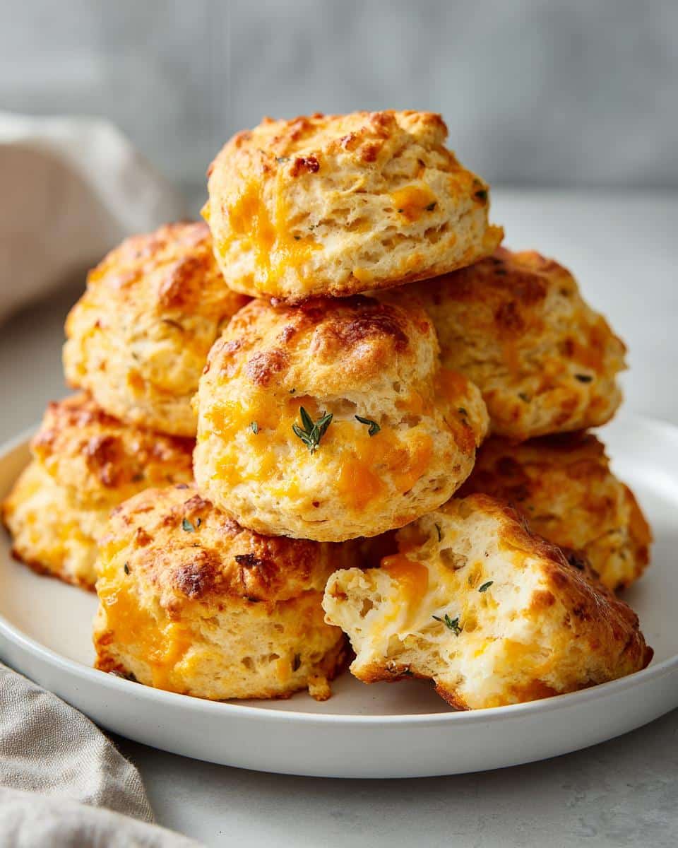 A stack of golden brown Thermomix Cheesy Scones piled on a white plate, showing melted cheese and fresh thyme.