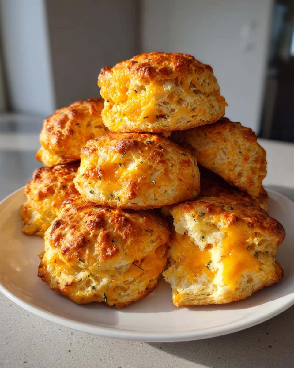 A stack of golden brown Thermomix Cheesy Scones piled on a white plate, showing melted cheddar cheese inside one broken scone.