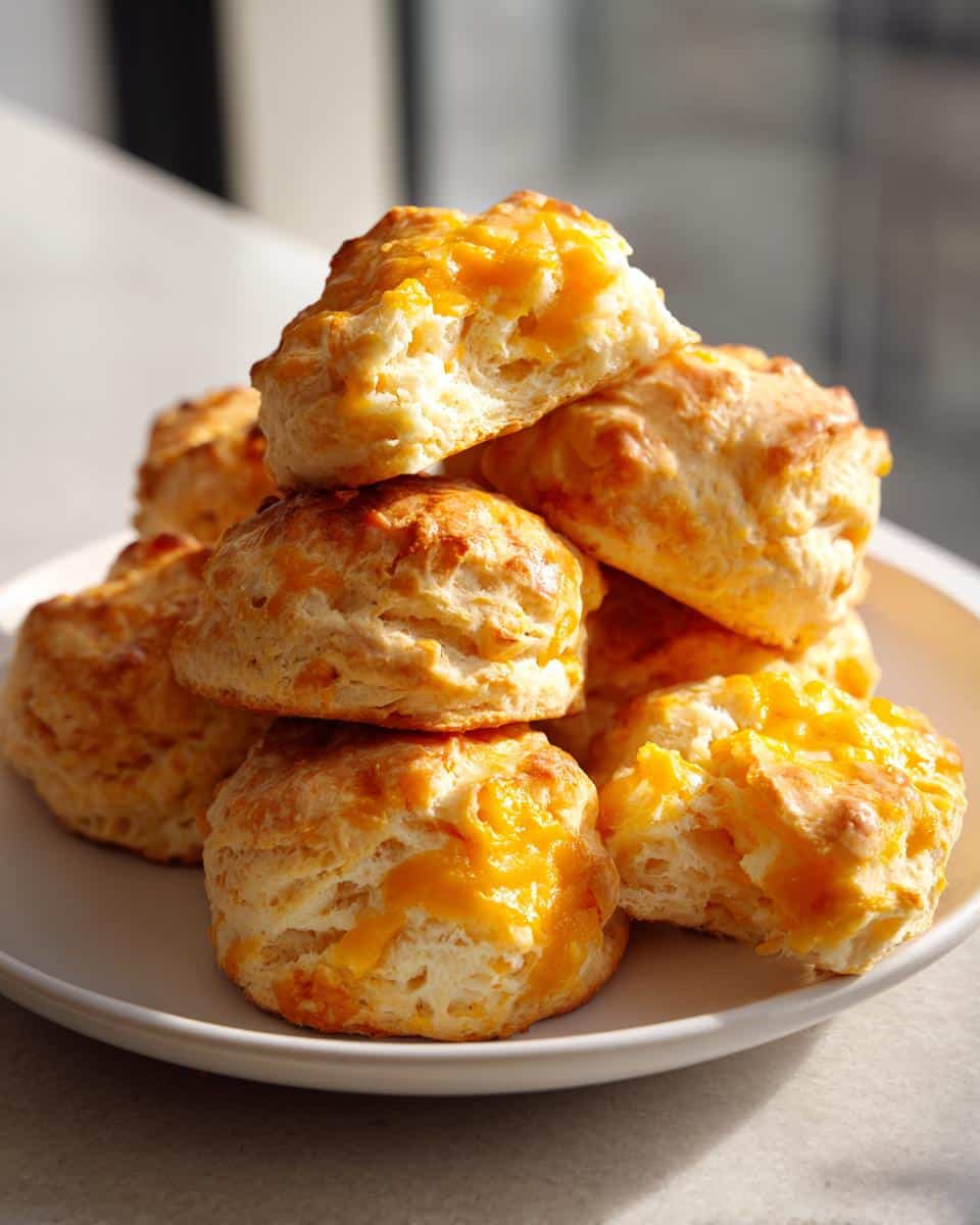 A stack of freshly baked Thermomix Cheesy Scones piled high on a white plate, showing golden tops and melted cheddar cheese.