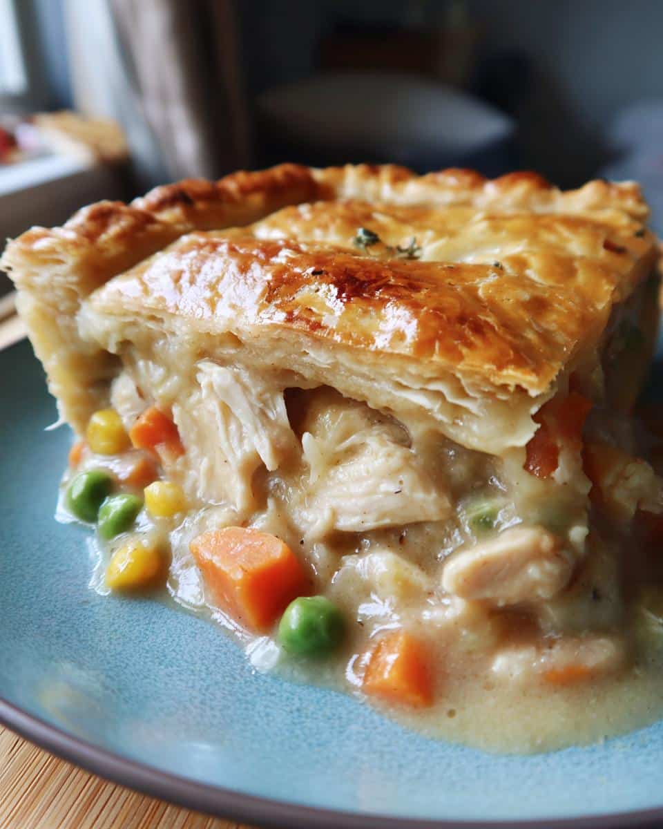 Close-up of a slice of chicken pot pie showing flaky crust and creamy Thermomix Chicken Pot Pie Filling with chicken, carrots, and peas.