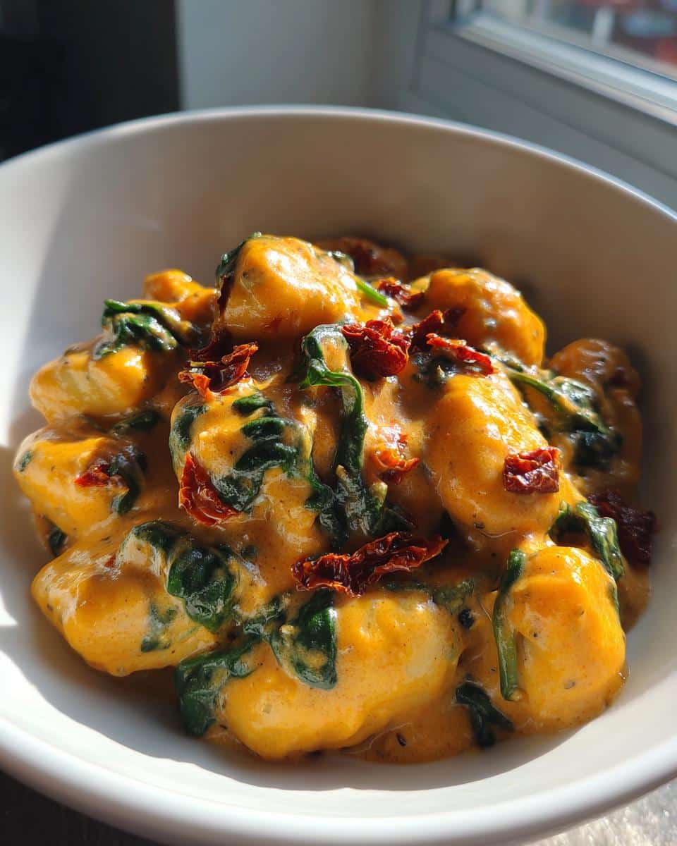 Close-up of Thermomix Creamy Tuscan Gnocchi coated in a rich orange sauce with spinach and sun-dried tomatoes.