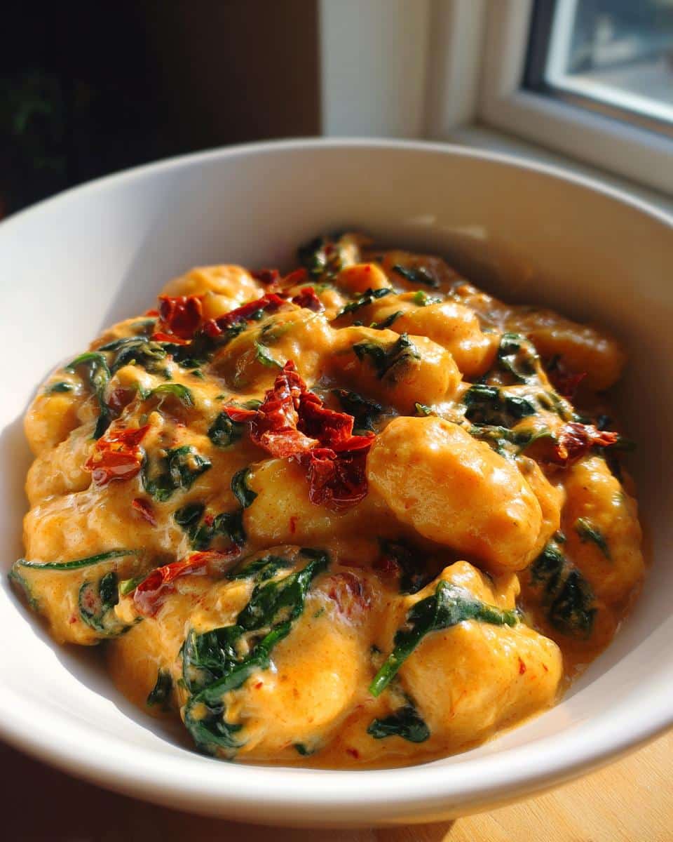 A close-up of rich Thermomix Creamy Tuscan Gnocchi featuring soft gnocchi, spinach, and sun-dried tomatoes in a creamy orange sauce.