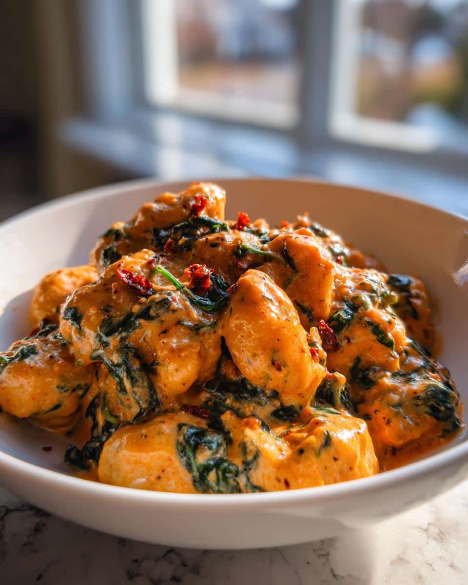 A close-up of a white bowl filled with rich Thermomix Creamy Tuscan Gnocchi, featuring spinach and sun-dried tomatoes.