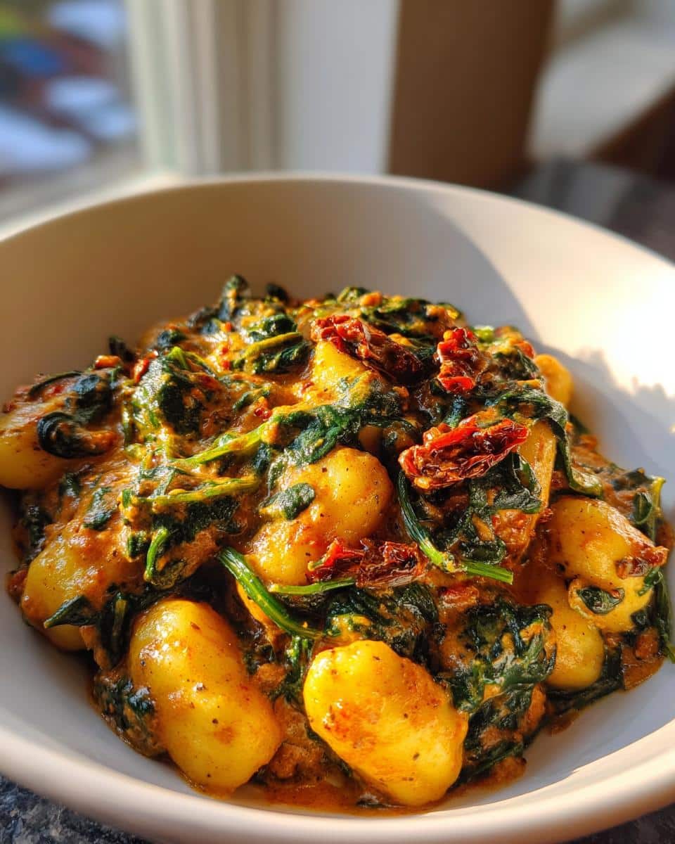 A close-up shot of rich Thermomix Creamy Tuscan Gnocchi featuring plump gnocchi coated in a creamy, orange-hued sauce with wilted spinach and sun-dried tomatoes.