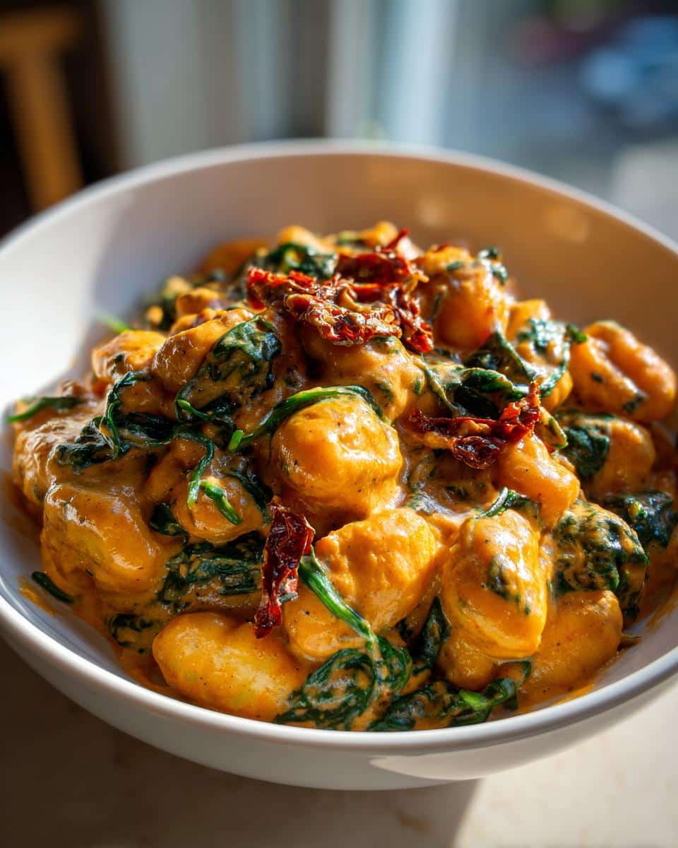 A close-up of rich Thermomix Creamy Tuscan Gnocchi mixed with spinach and sun-dried tomatoes in a white bowl.