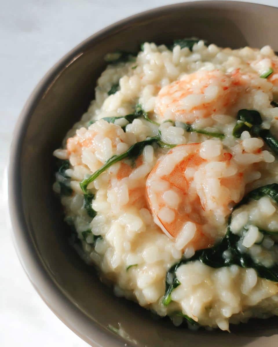 Close-up of creamy Thermomix Garlic Prawn Risotto topped with pink prawns and wilted spinach in a brown bowl.