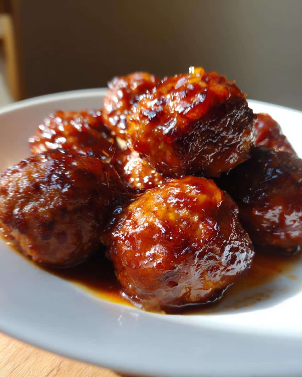 Close-up of glistening, saucy Thermomix Honey Garlic Meatballs piled on a white plate.
