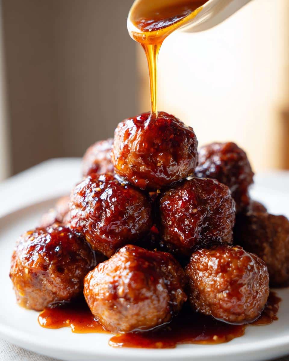 A close-up of Thermomix Honey Garlic Meatballs being drizzled with a thick, glossy honey garlic sauce from a spoon.