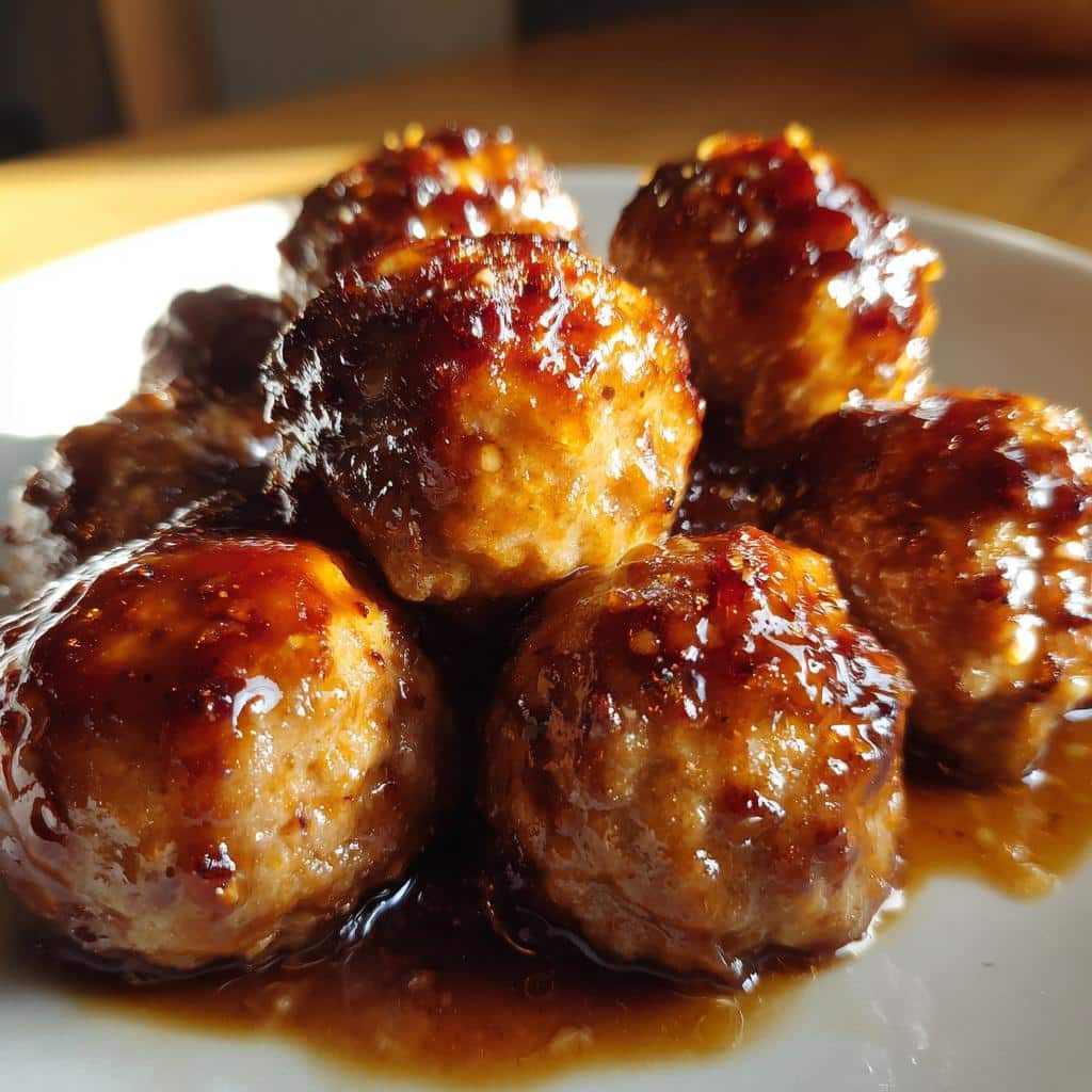 Close-up of several glossy Thermomix Honey Garlic Meatballs coated in a thick, dark honey-garlic glaze.