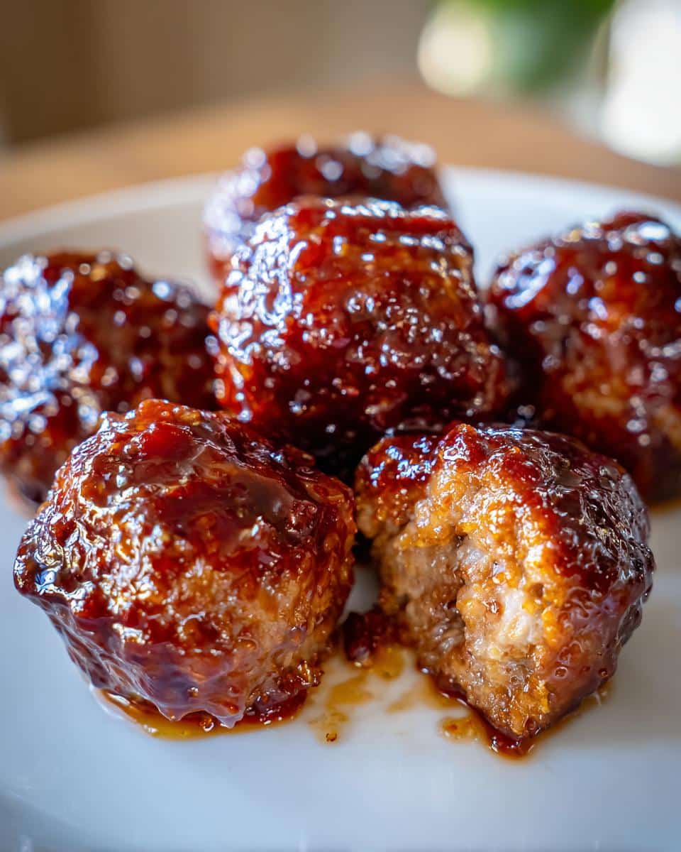 Close-up of several glossy Thermomix Honey Garlic Meatballs coated in a thick, dark glaze, with one meatball cut open.
