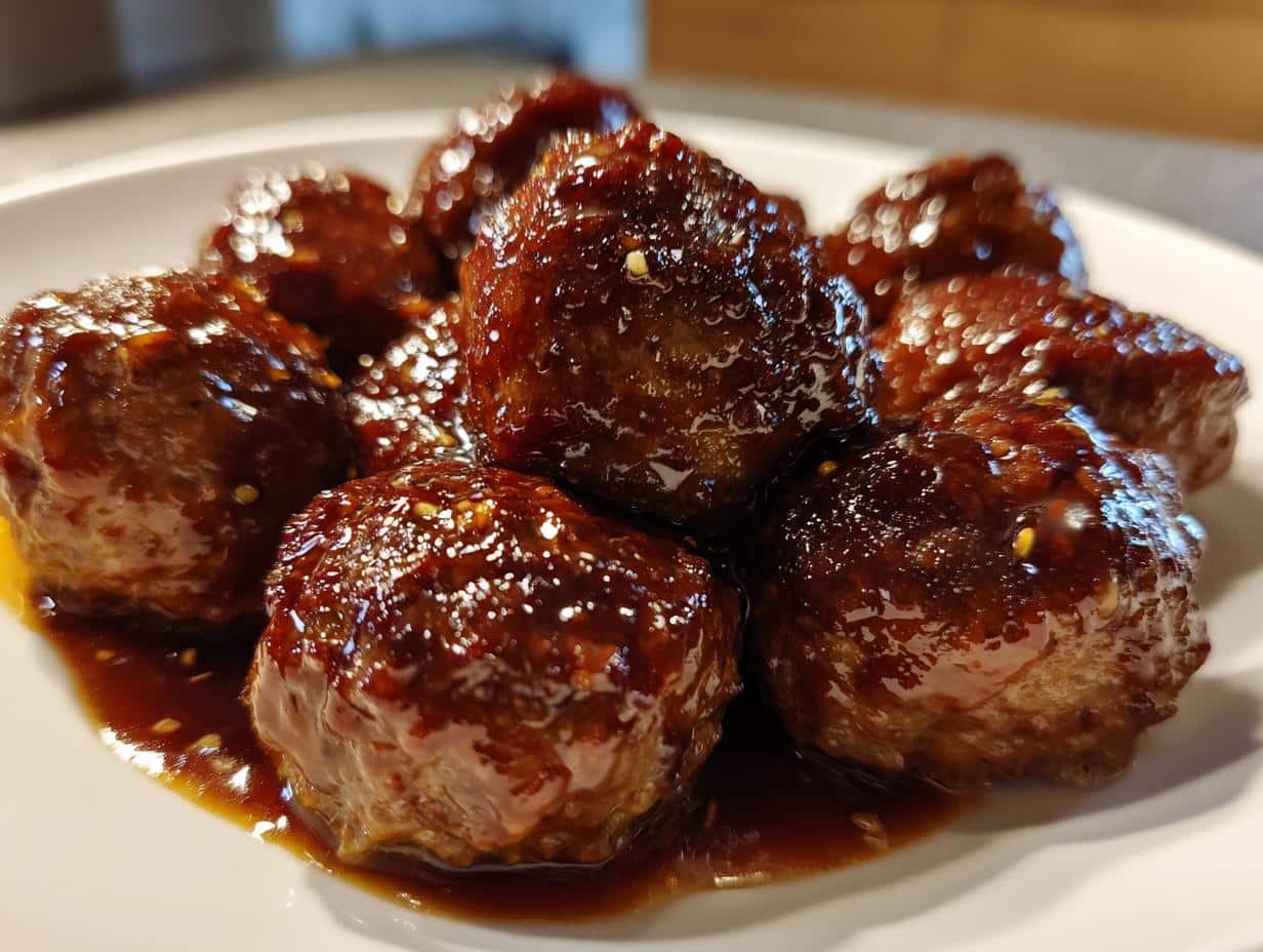 Close-up of glossy Thermomix Honey Garlic Meatballs coated in a thick, dark glaze.