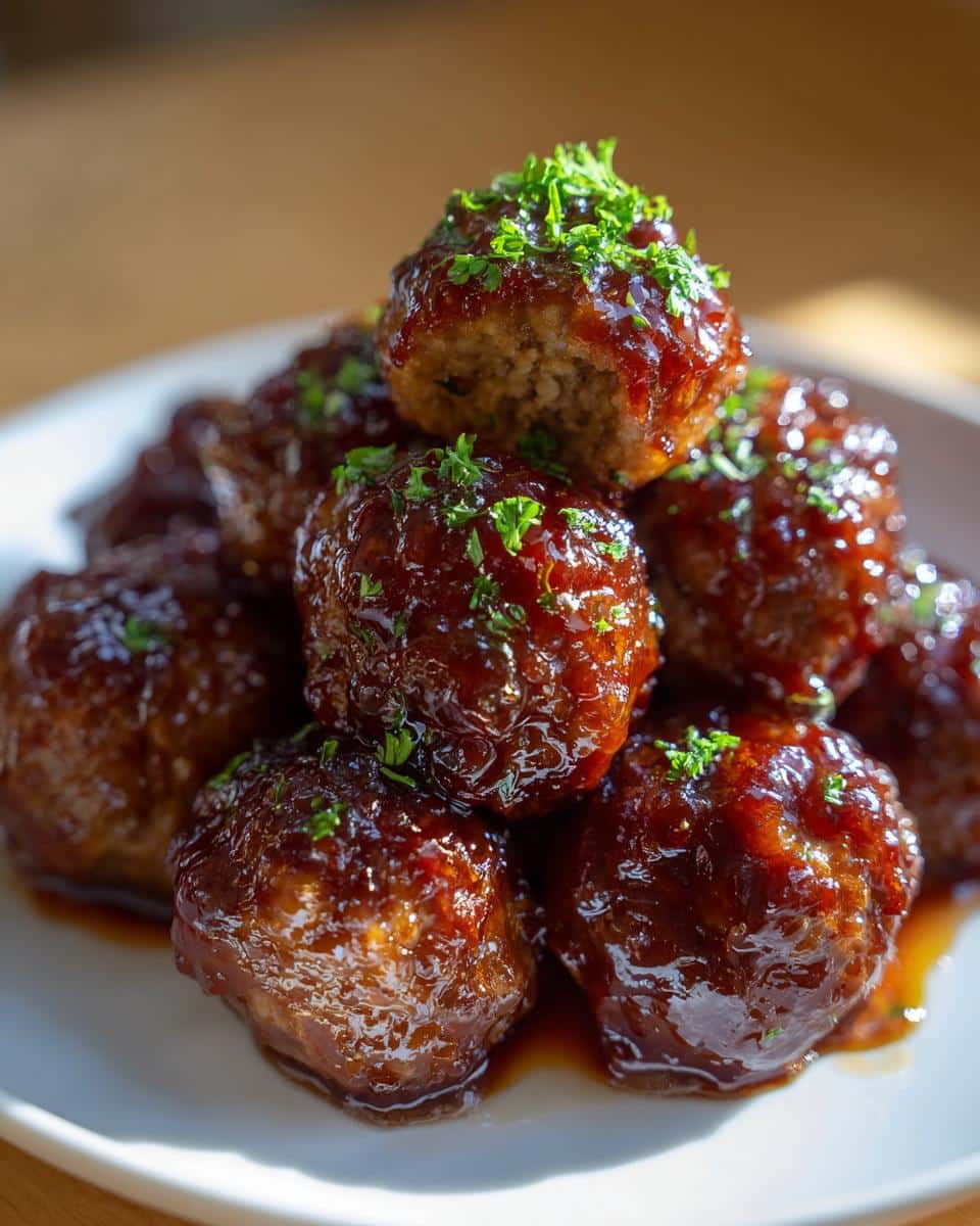 A stack of glossy Thermomix Honey Garlic Meatballs coated in a rich sauce and sprinkled with fresh parsley.