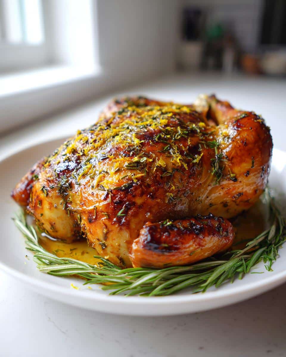 A beautifully roasted whole chicken seasoned with lemon zest and herbs, presented on a white platter with fresh rosemary sprigs. This is the Thermomix Lemon Herb Chicken.