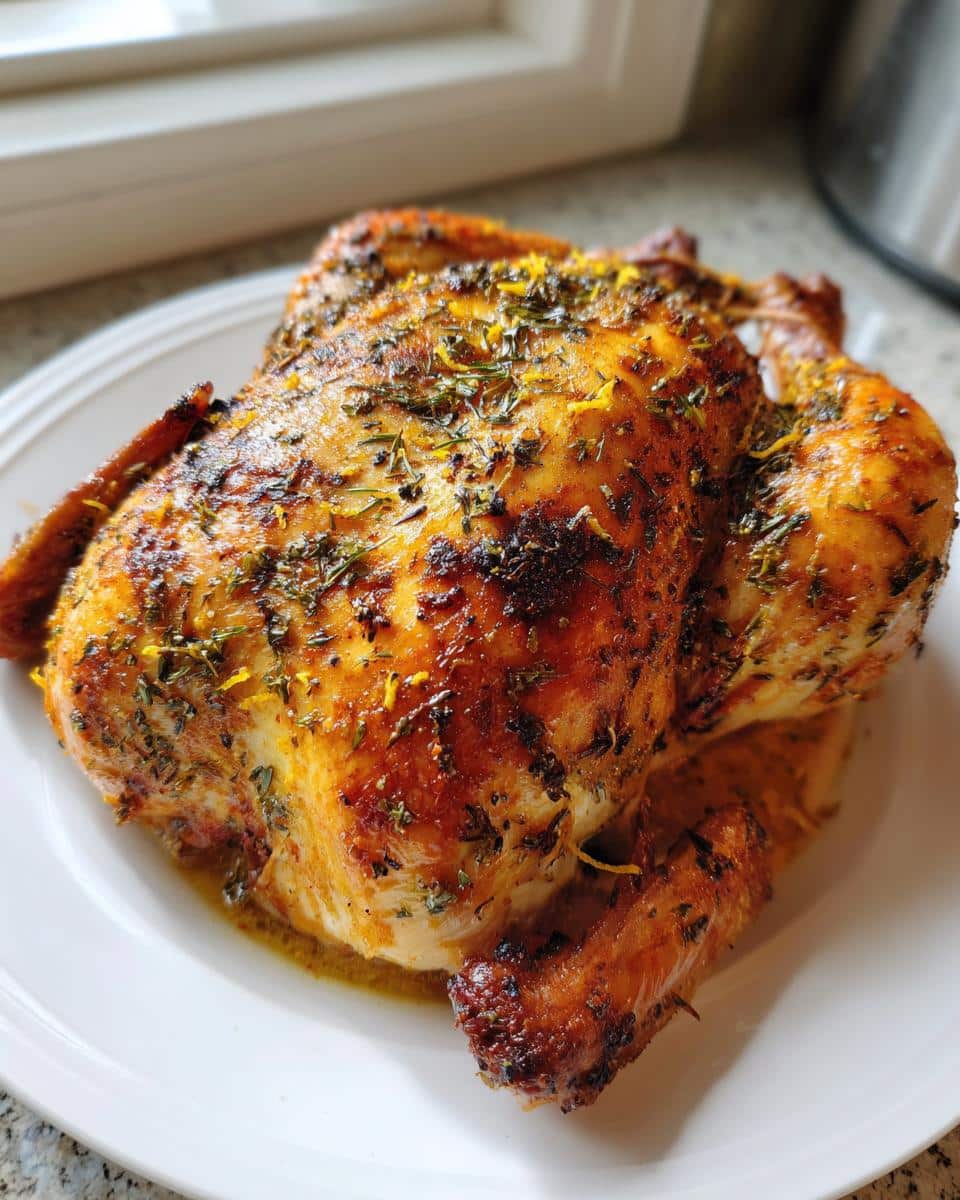 A whole roasted chicken seasoned with herbs and lemon zest, ready to serve, representing Thermomix Lemon Herb Chicken.