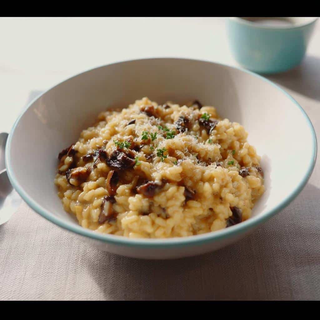 A close-up of creamy Thermomix Mushroom Parmesan Risotto topped with grated cheese and parsley in a white bowl.