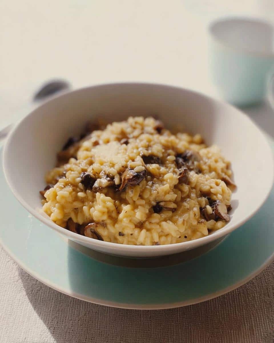 A close-up of creamy Thermomix Mushroom Parmesan Risotto served in a white bowl, topped with grated cheese.