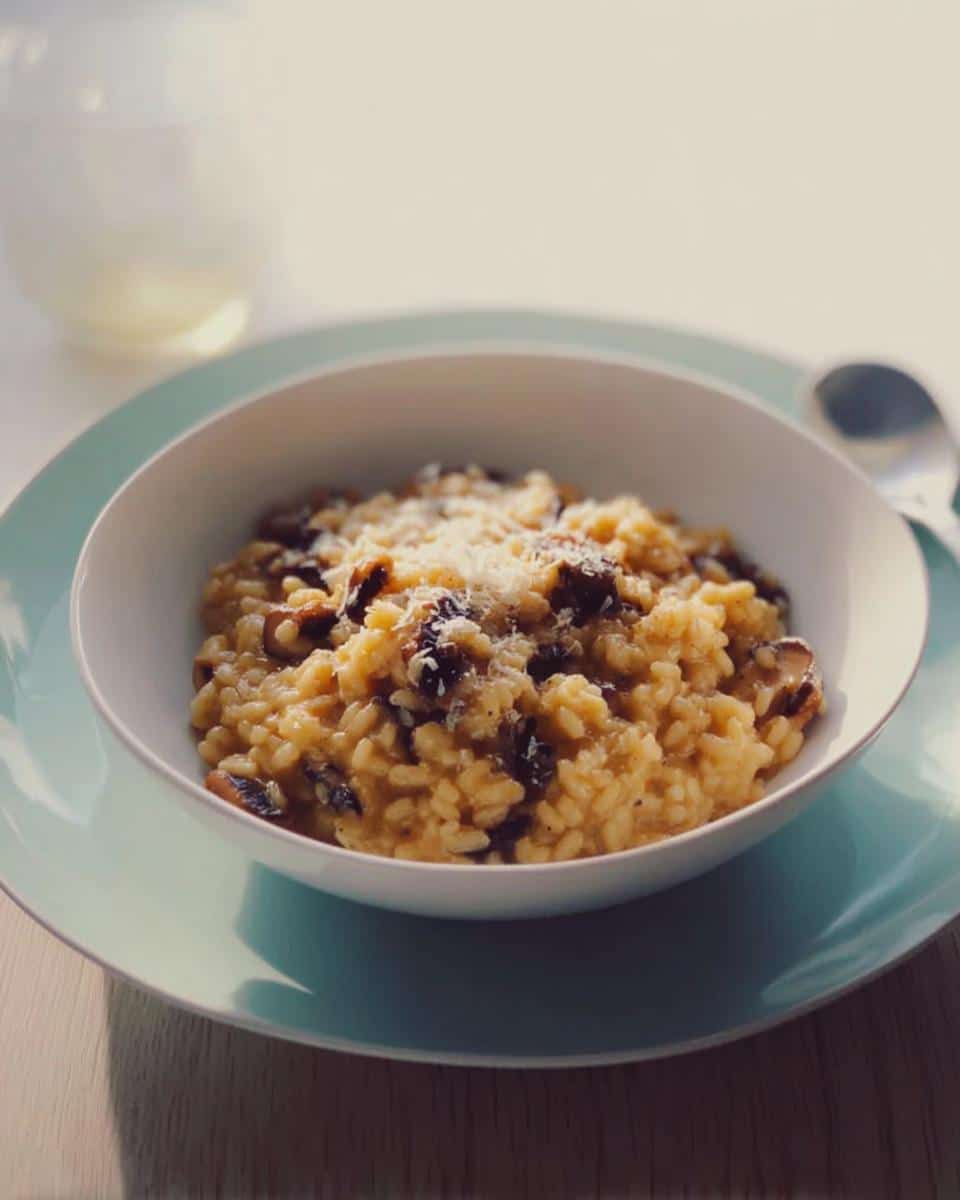 A creamy bowl of Thermomix Mushroom Parmesan Risotto topped with grated cheese, served on a light blue plate.