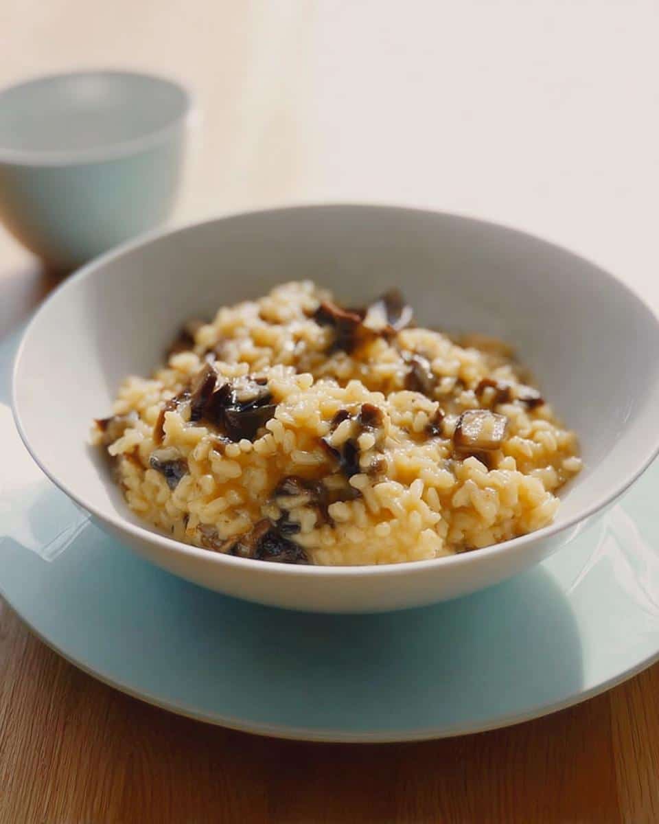 A creamy bowl of Thermomix Mushroom Parmesan Risotto topped with dark, sautéed mushrooms.