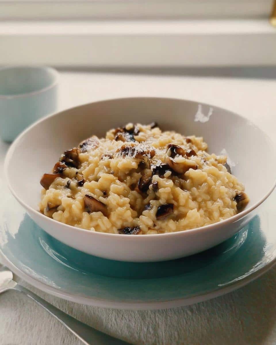 A close-up of creamy Thermomix Mushroom Parmesan Risotto topped with sautéed mushrooms and grated cheese.