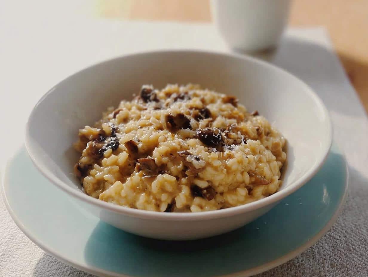 A close-up, featured image of creamy Thermomix Mushroom Parmesan Risotto topped with grated cheese in a white bowl.