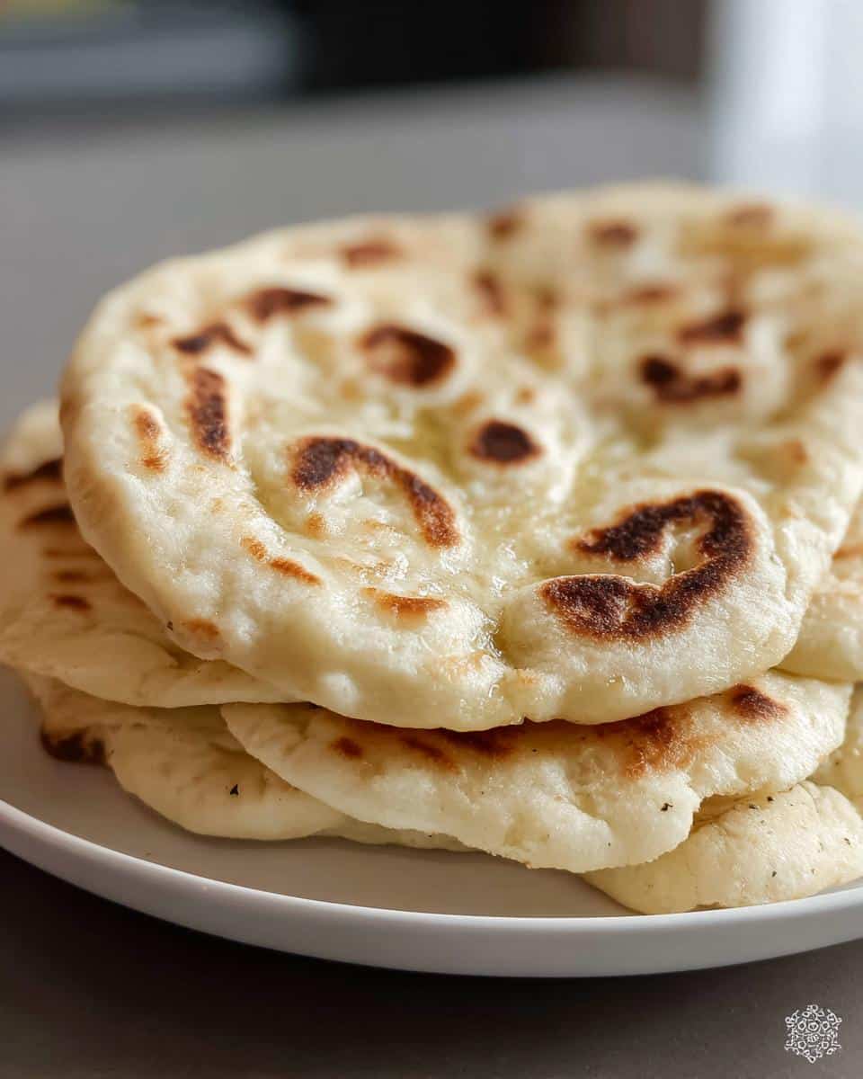 A stack of three soft, freshly cooked Thermomix Naan recipe flatbreads with golden-brown charred spots, served on a white plate.