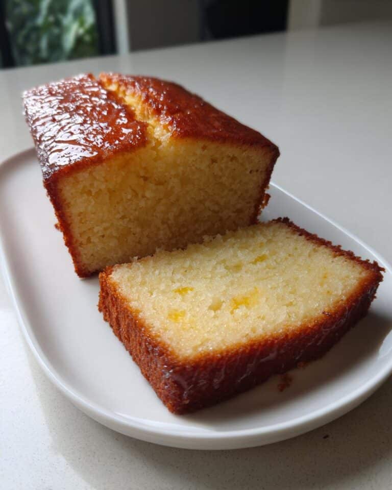A loaf of Thermomix Orange Almond Cake, partially sliced, showing a moist, yellow crumb and a shiny glaze.